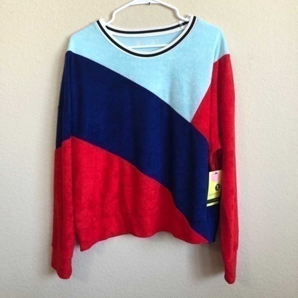Xersion Sweatshirt Colorblock Pullover Velour Crewneck Long Sleeve Red Blue NWT